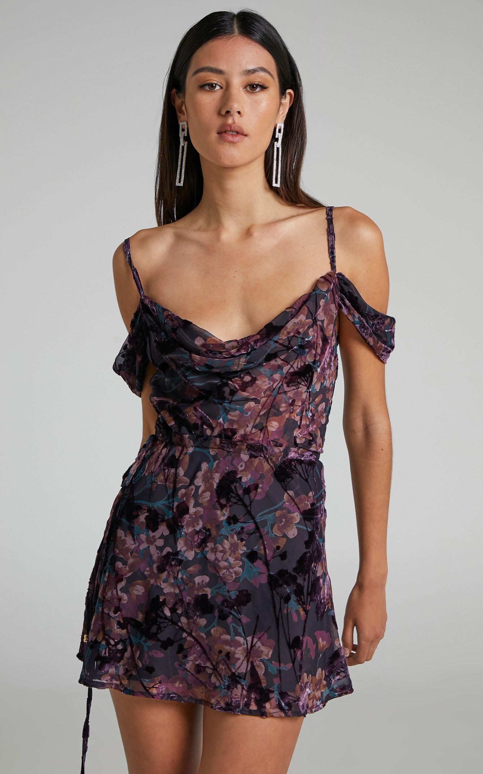 Aletta Mini Dress - Strappy Off Shoulder Cowl Neck Dress in Aletta Burn Out Floral Product Image