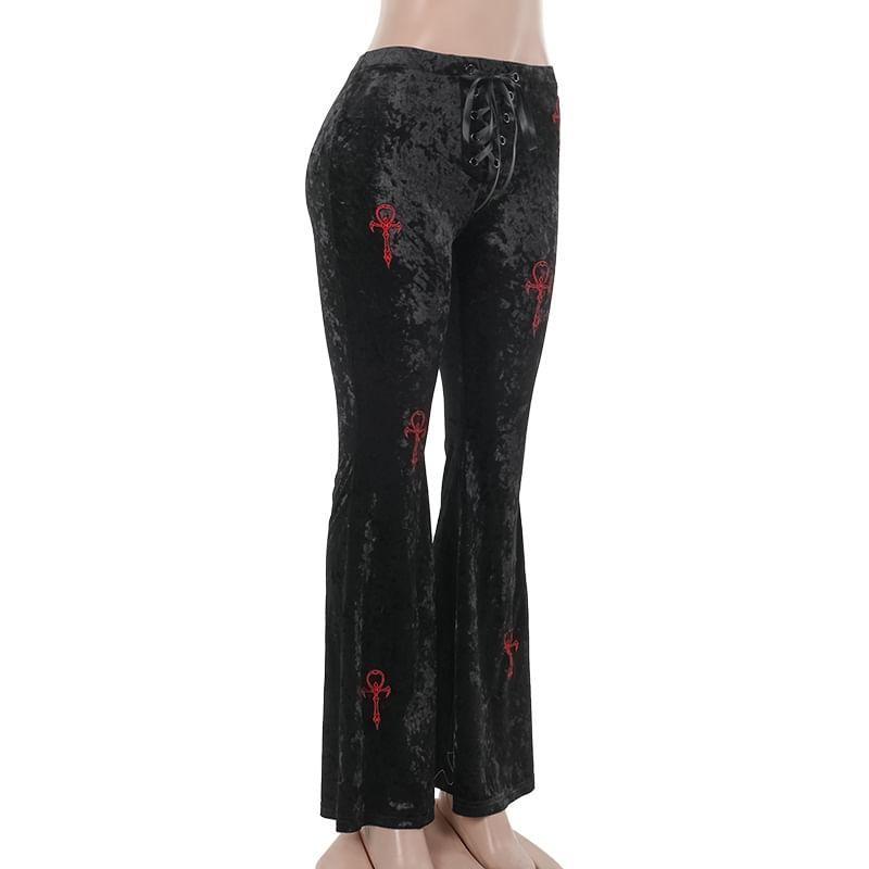 Mid Waist Embroidered Flared Pants Product Image