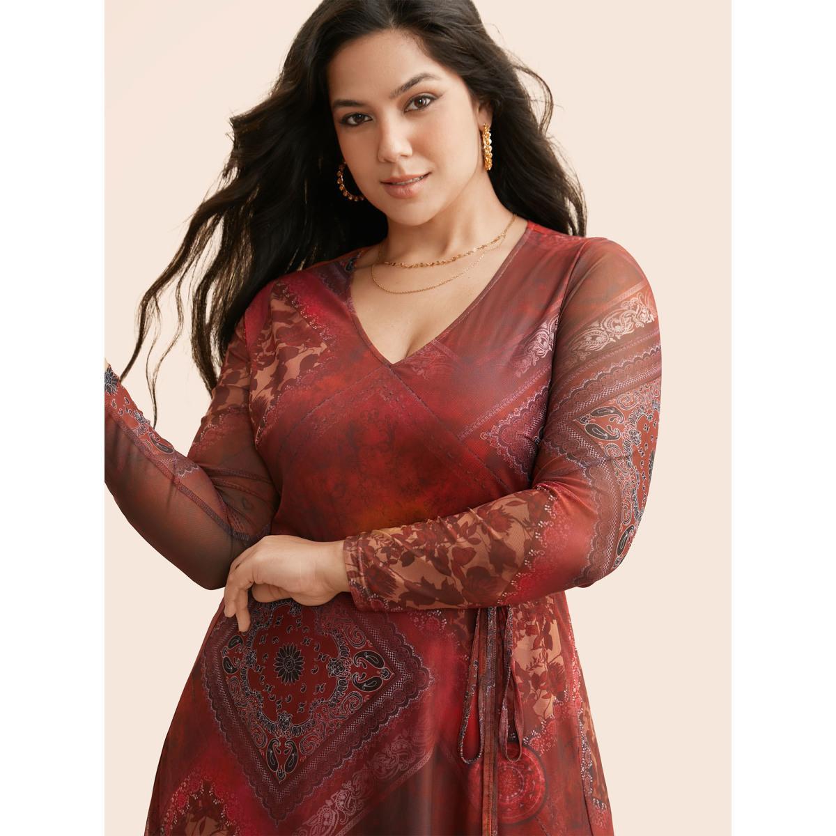 Plus Size Boho Print Belted Mesh Midi Dress Russet Women Elegant See through V-neck Long Sleeve Curvy BloomChic 14-16/1X Product Image