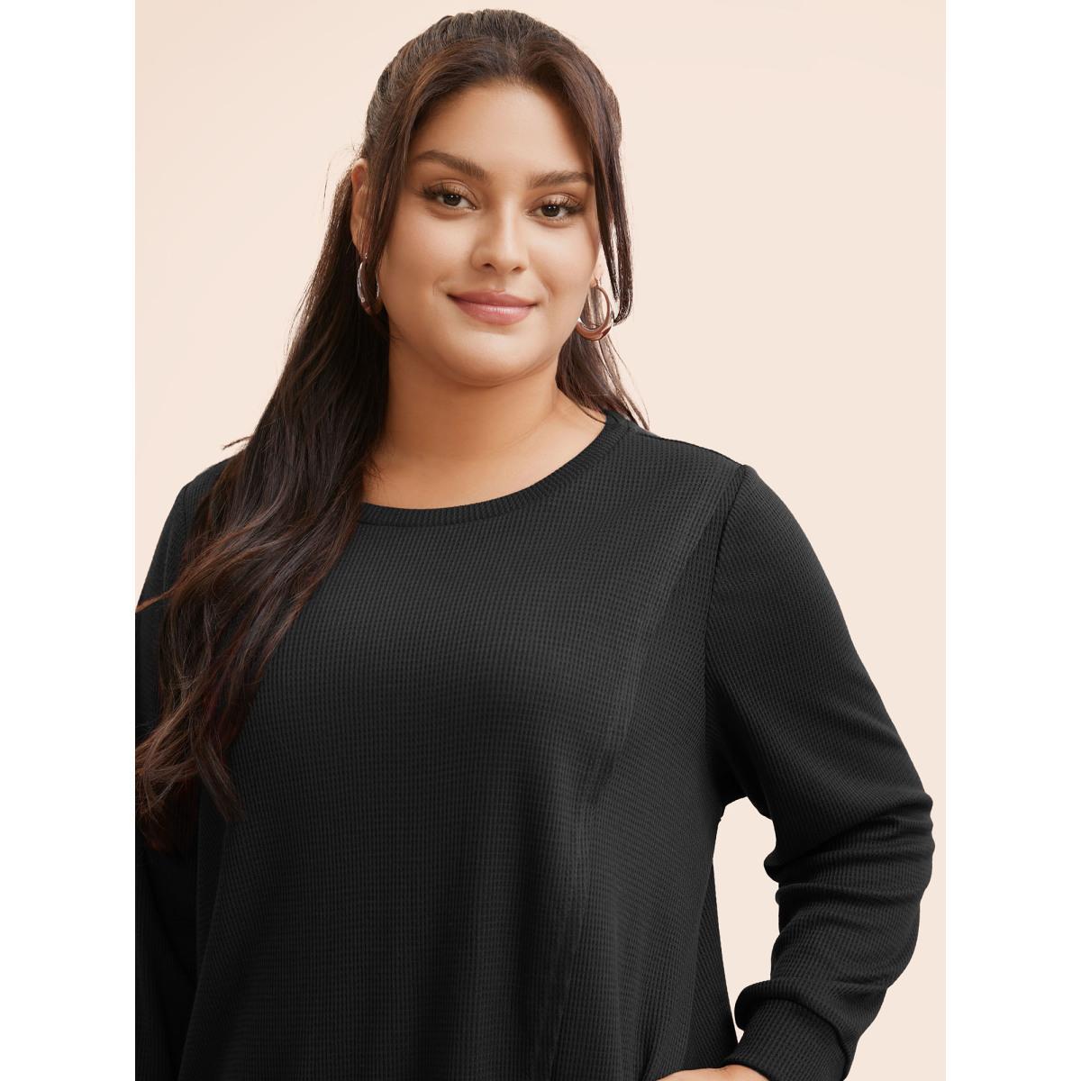 Plus Size Solid Waffle Knit Overlap Hem T-shirt Black Women Leisure Overlapping Round Neck Casual T-shirts BloomChic 18-20/2X Product Image