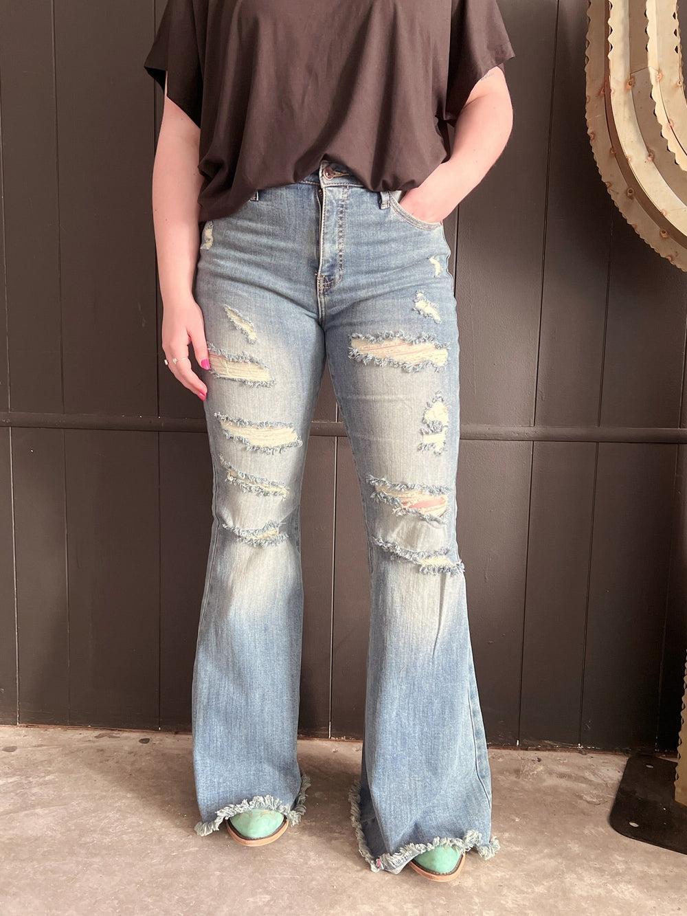 High Rise Tummy Control Distressed Flare Jeans Product Image