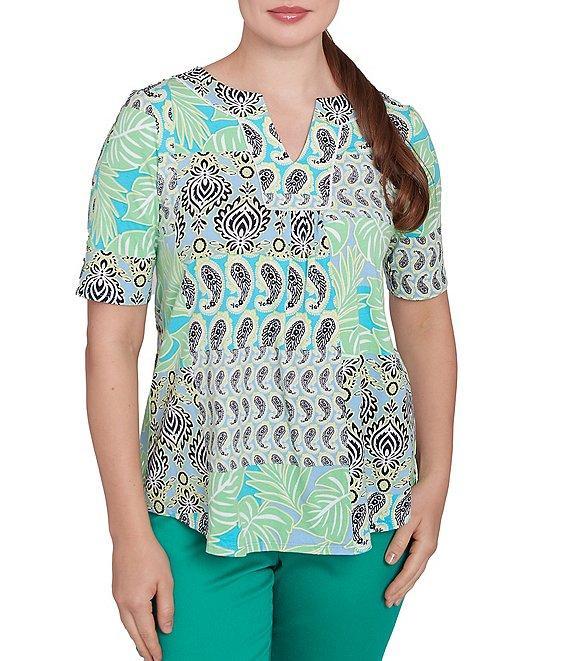 Ruby Rd. Knit Patchwork Split V-Neck Short Sleeve Top Product Image