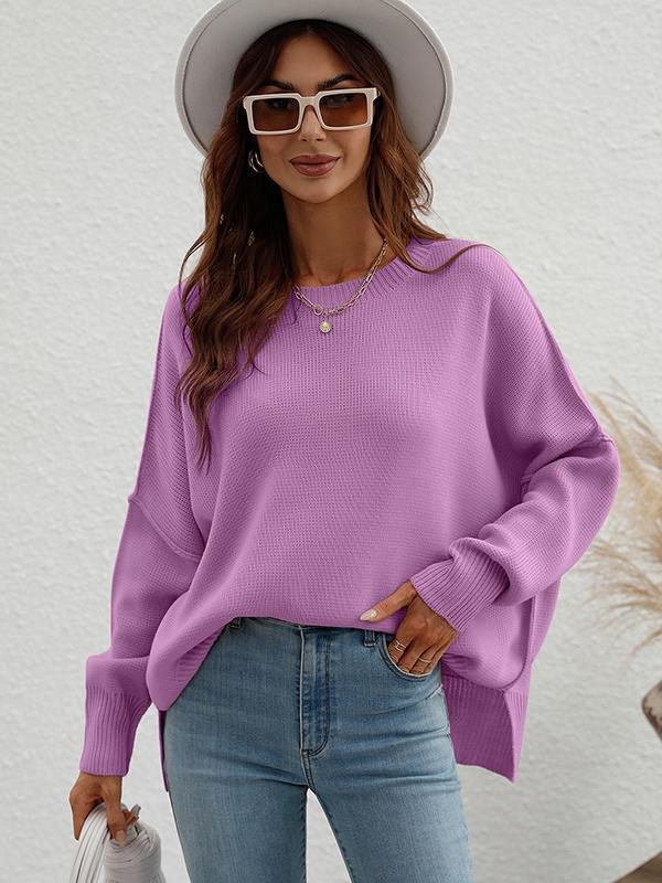 Casual Long Sleeves Loose Split-Side Solid Color Round-Neck Sweater Tops Product Image