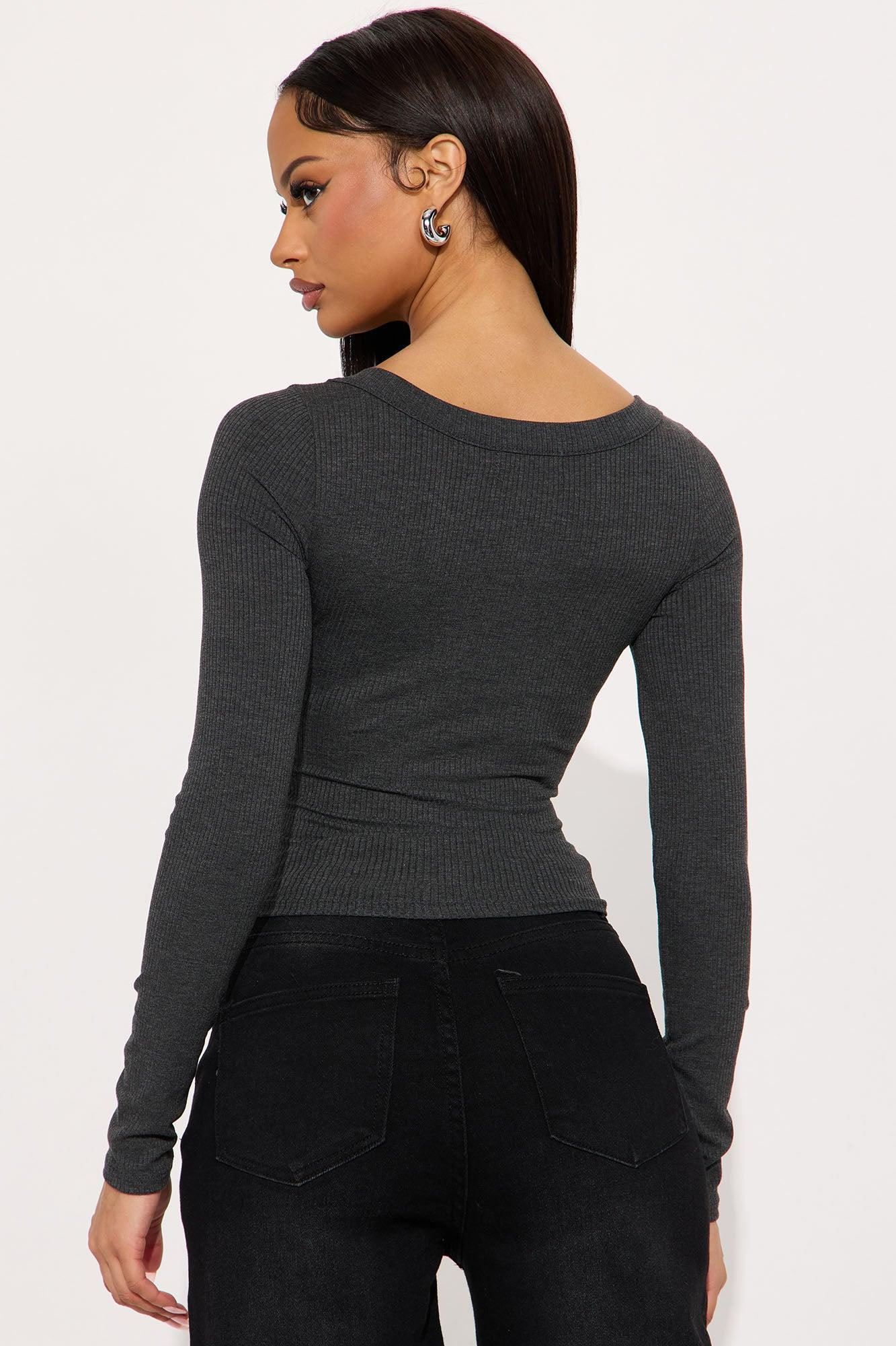 Maribel Ribbed Square Neck Long Sleeve Top - Charcoal Product Image