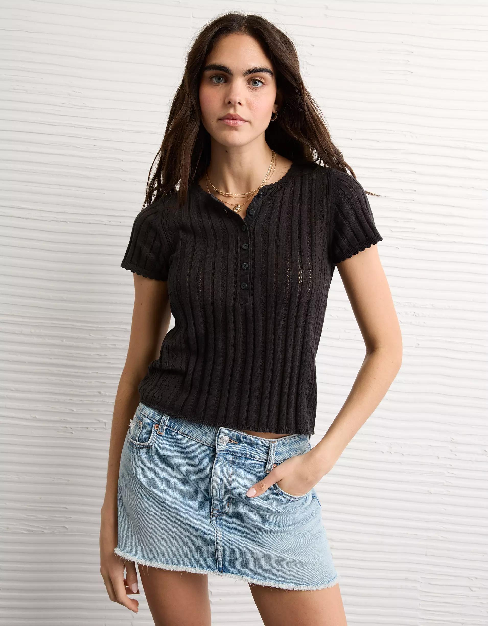 AE Henley Pointelle Sweater T-Shirt Product Image