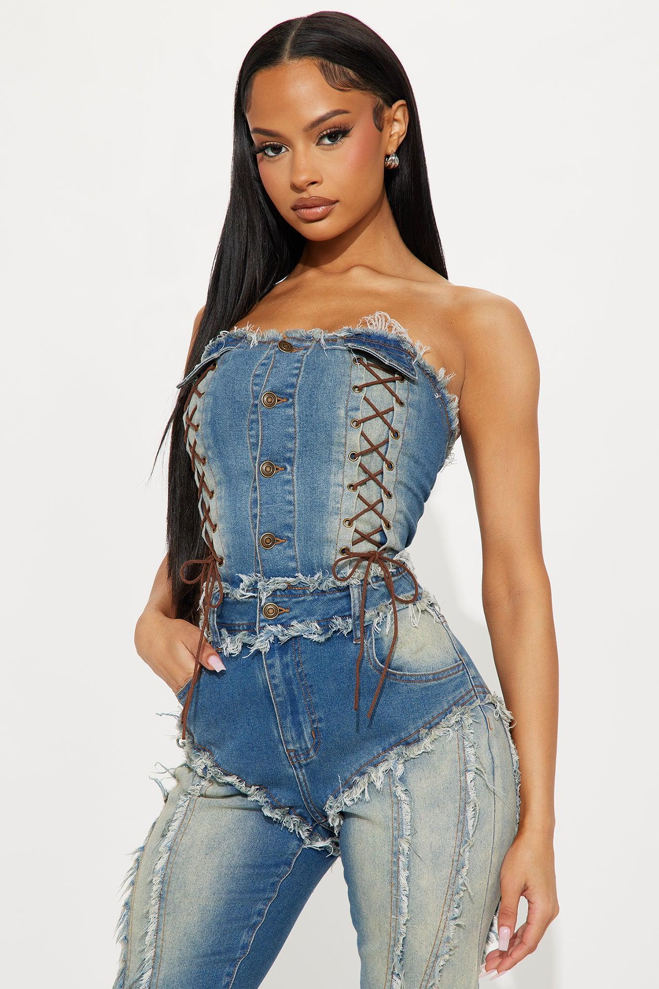 Stacked Up Washed Denim Capri Jumpsuit - Medium Wash Product Image