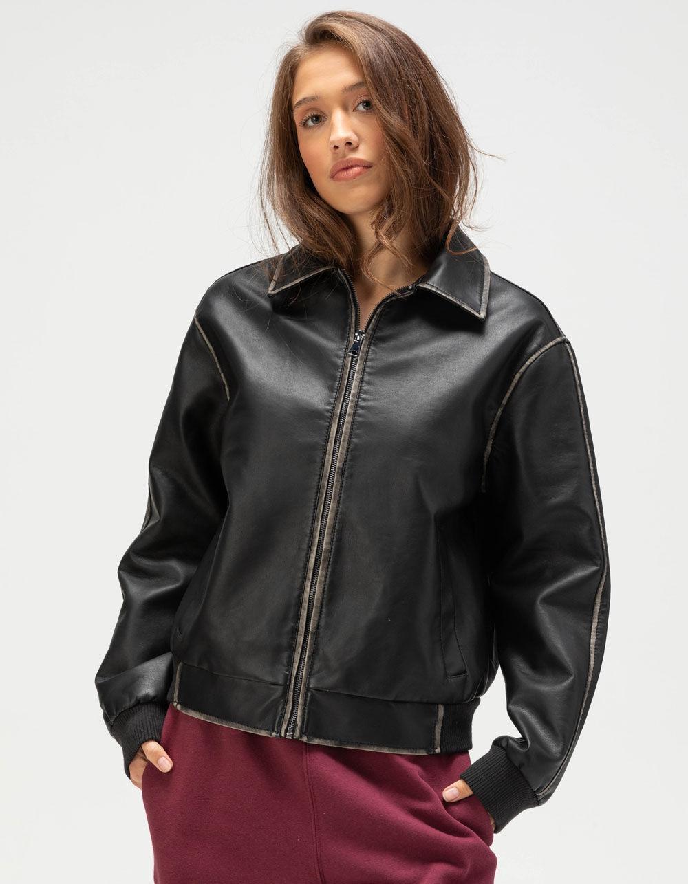 RSQ Womens Distressed Faux Leather Dad Jacket - BLACK Product Image