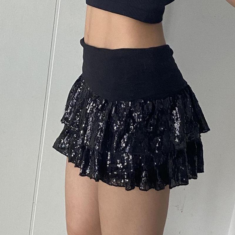 Low Rise Sequin Layered Mini A-Line Skirt Product Image