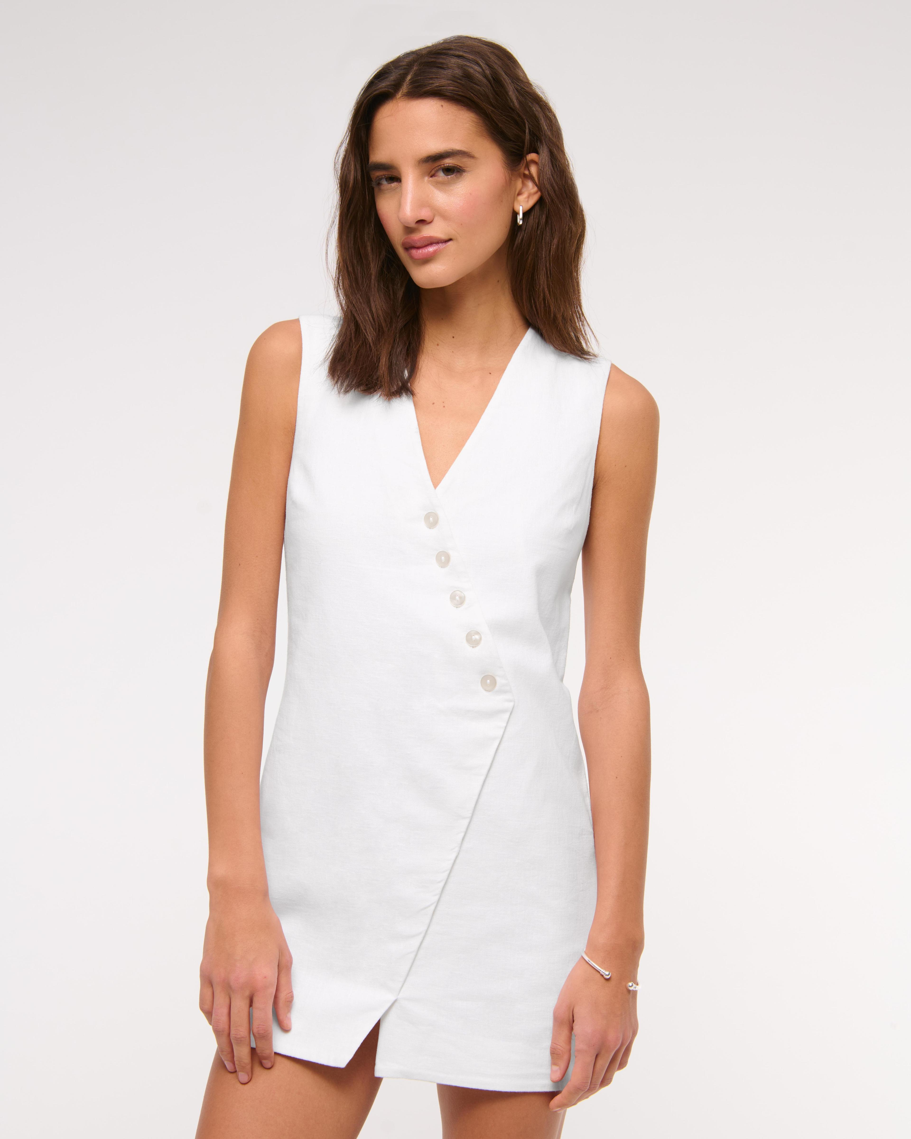 Linen-Blend V-Neck Button Mini Dress Product Image