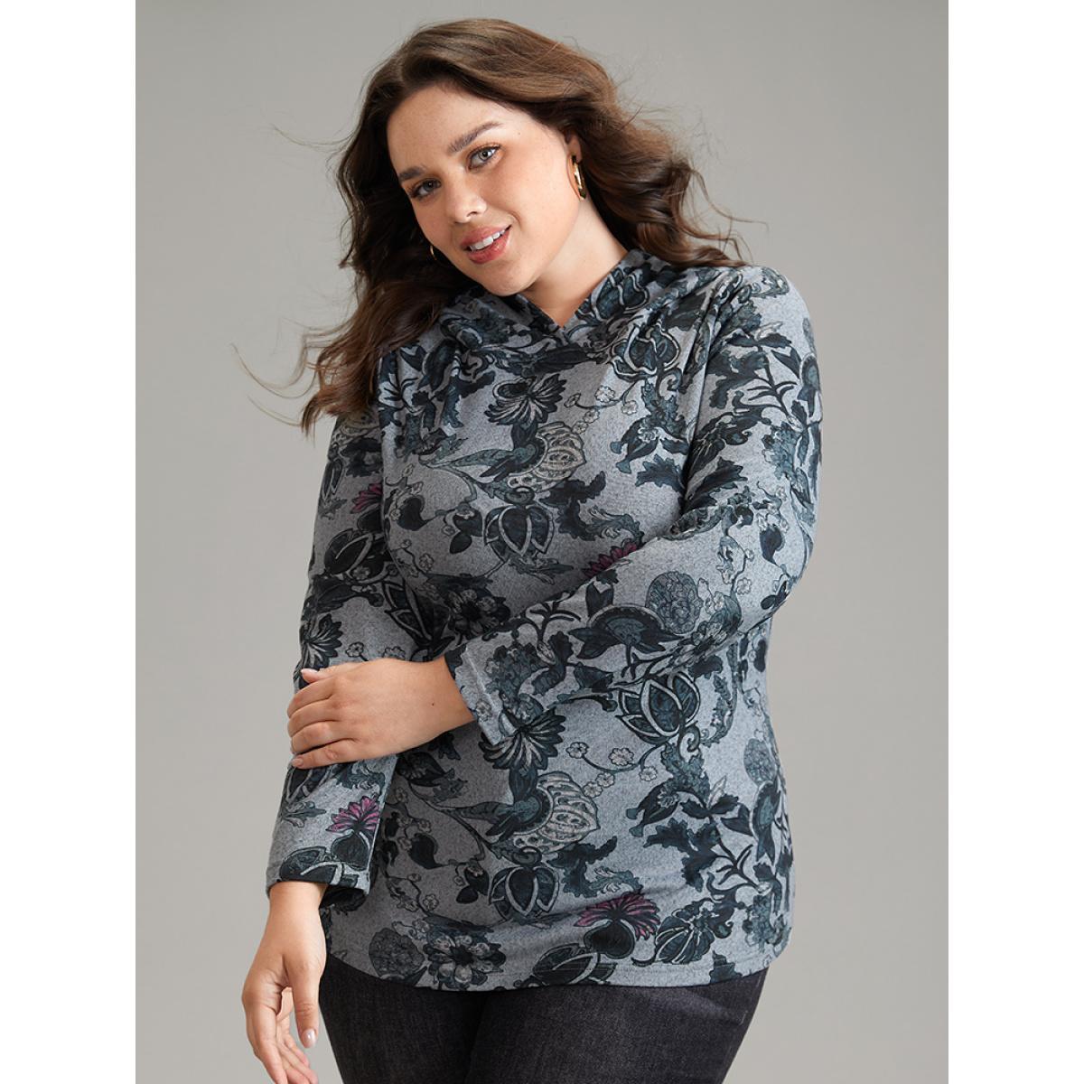 Plus Size Floral Print Hooded T-shirt DimGray Women Elegant Printed Floral Hooded Dailywear T-shirts BloomChic 14-16/1X Product Image