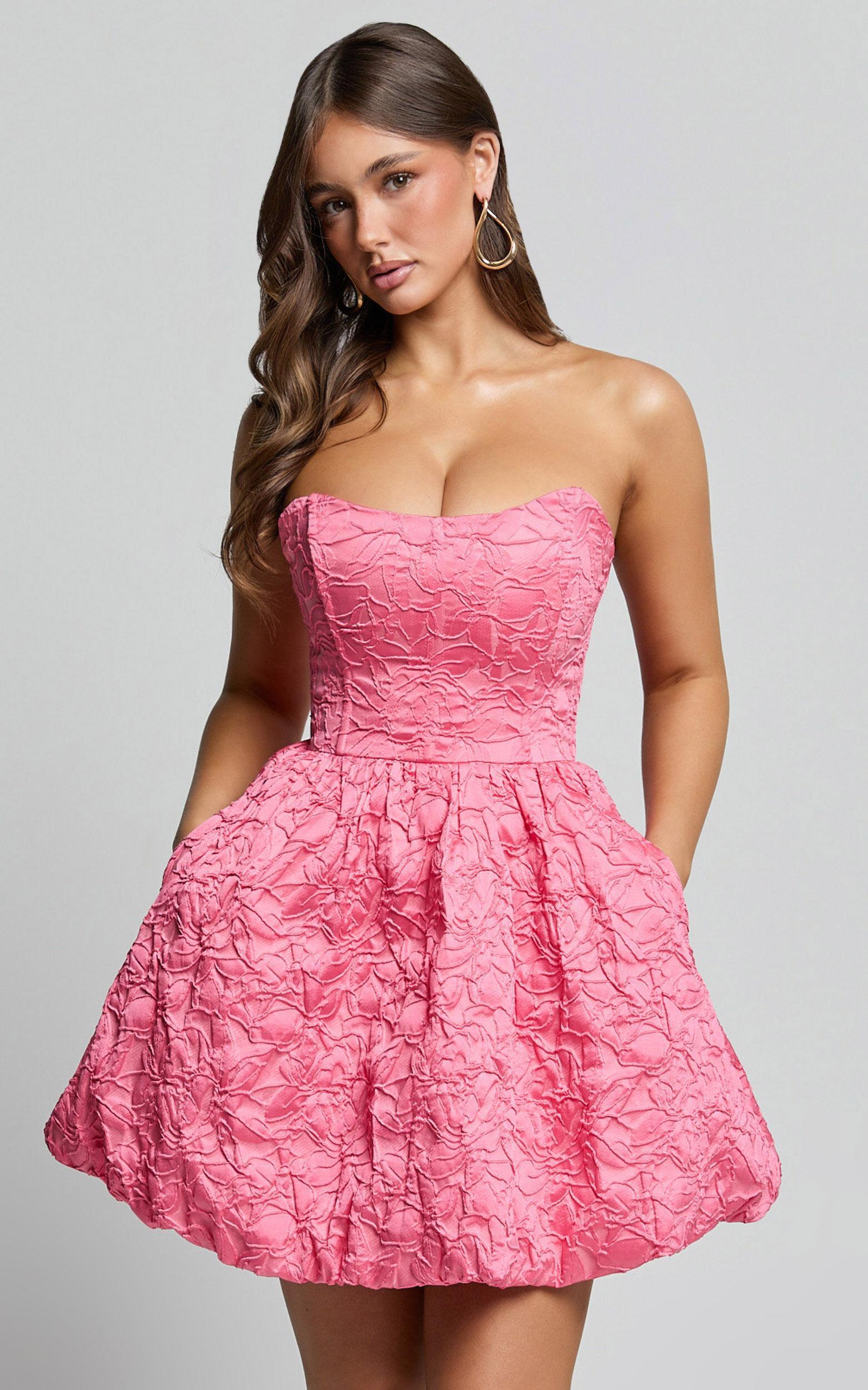 Inez Mini Dress - Jacquard Strapless Bubble Hem Dress in Pink Product Image