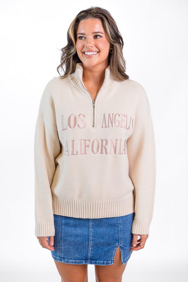 Roll With It Beige Los Angeles Embroidered Quarter Zip Sweater  FINAL SALE Product Image