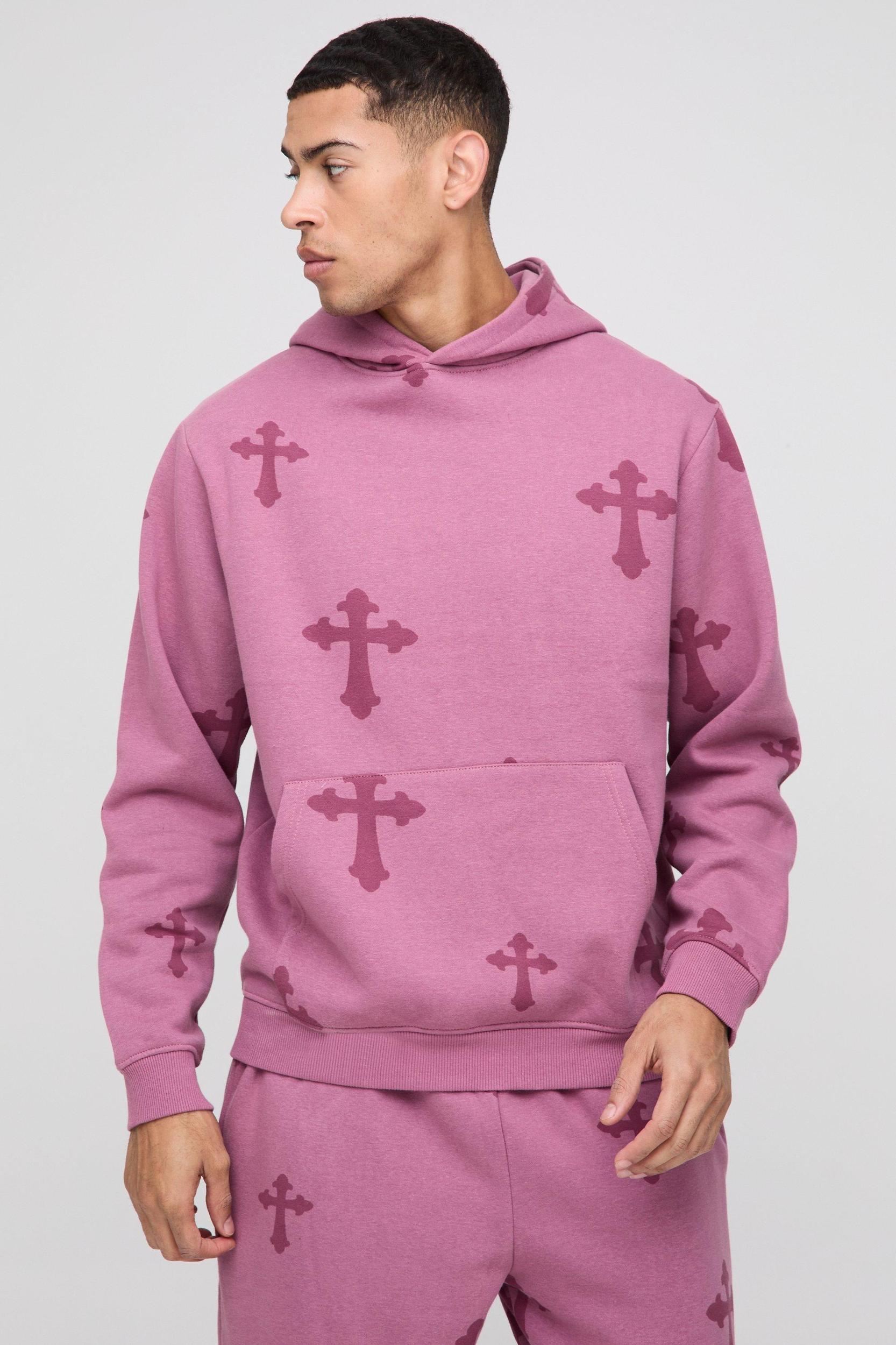 Regular Cross Print Hooded Tracksuit | boohooMAN USA Product Image