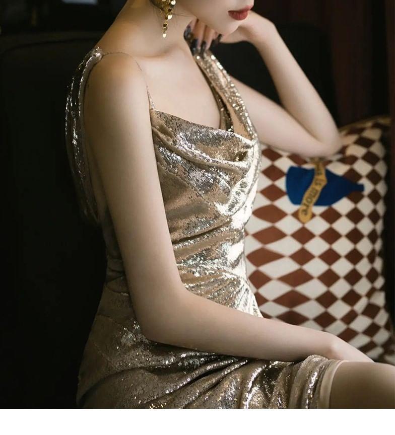 Sleeveless Cowl Neck Sequin Sheath Evening Gown Product Image