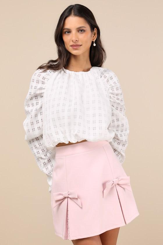 Unique Statement White Burnout Plaid Ruched Long Sleeve Top Product Image