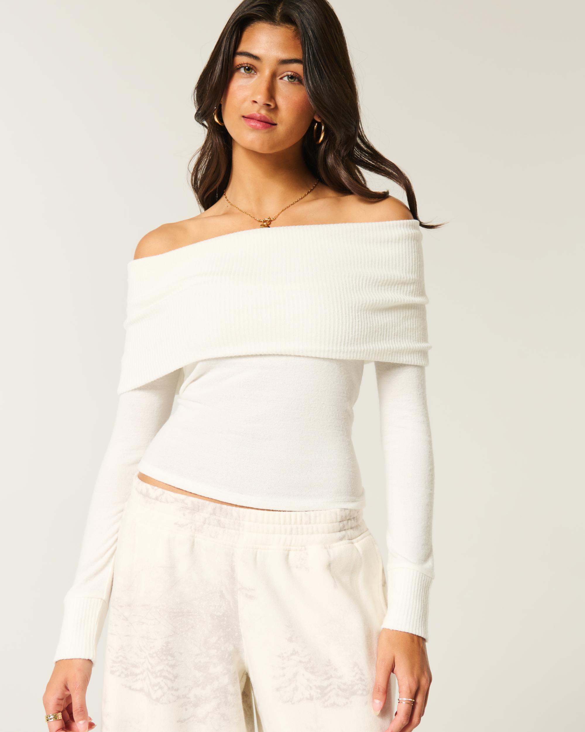 Long-Sleeve Foldover Off-the-Shoulder Top Product Image