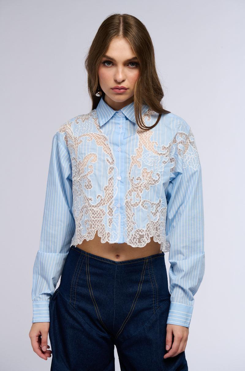 LOVE ME LIKE THAT BUTTON DOWN BLOUSE WITH LACE DETAILING Product Image