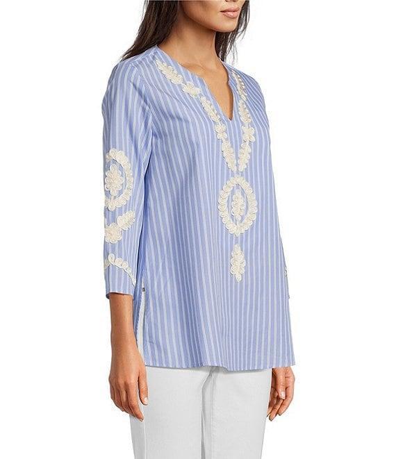 Calessa Petite Size Embroidered Patchwork Pinstripe Split V-Neck 3/4 Sleeve Tunic Product Image