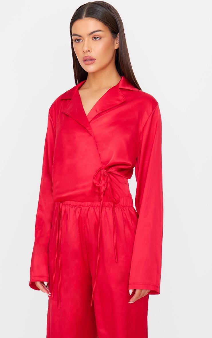 Red Satin Wrap Cropped Long Pj Set Product Image