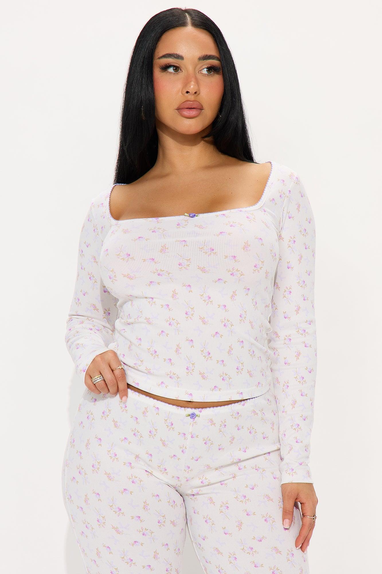 Flowers In Bloom Ribbed Long Sleeve PJ Pant Set - Lavender Product Image