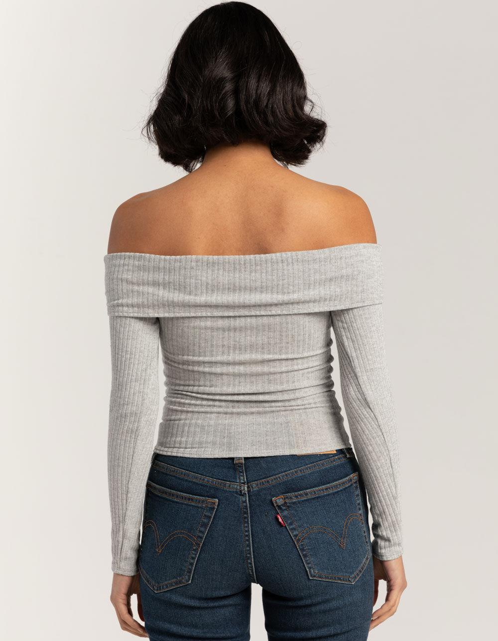 FULL TILT Fold Over Rib Off The Shoulder Womens Top - HEATHER GRAY Product Image