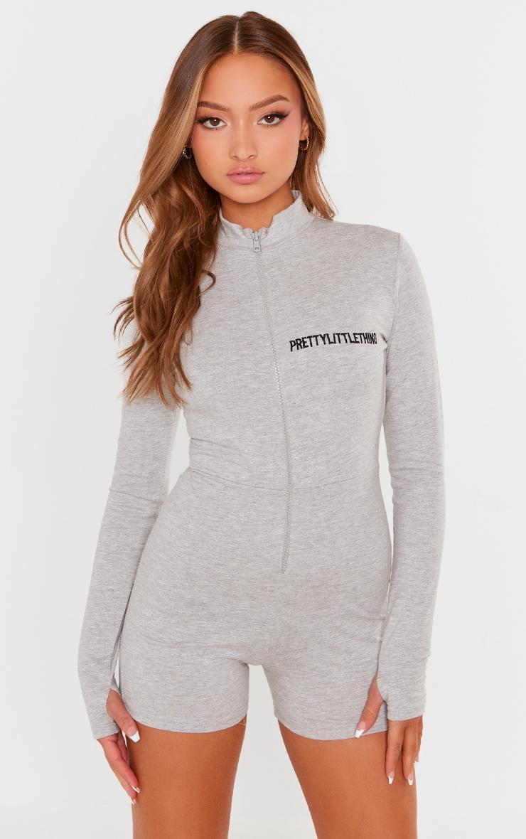 PRETTYLITTLETHING Petite Grey Marl Embroidered Zip Up Front Unitard Product Image