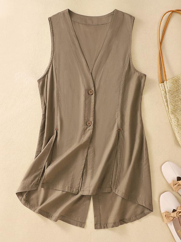 Loose Sleeveless Buttoned Solid Color V-Neck Vest Top Product Image