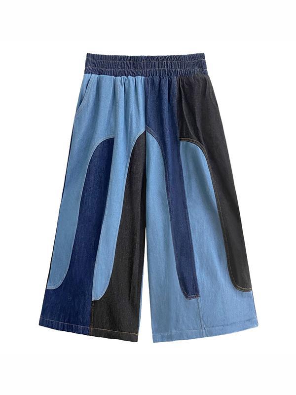Loose Wide Leg Contrast Color Elasticity Split-Joint Jean Pants Bottoms Product Image