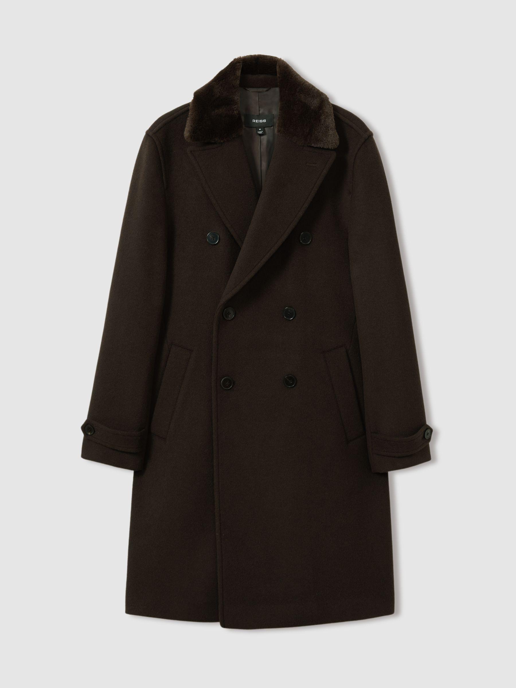 Wool-Blend Faux-Fur Collar Overcoat in Brown Product Image