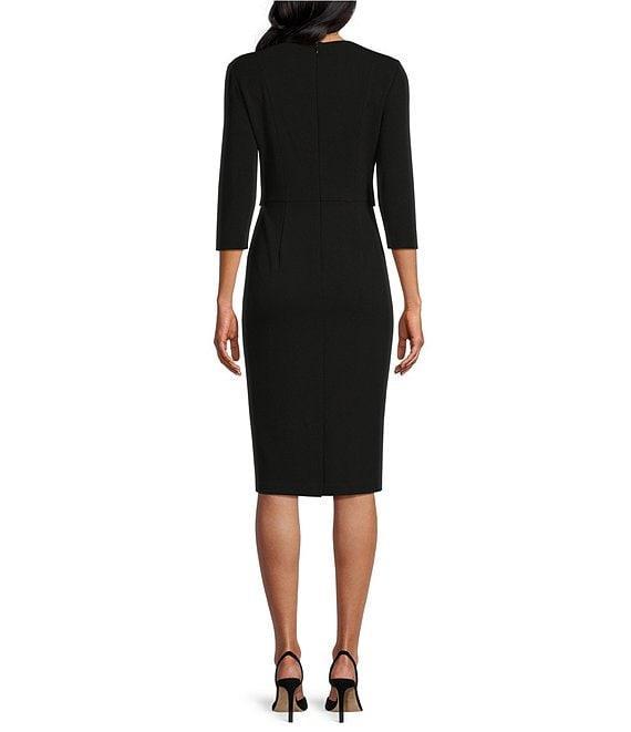 Adrianna Papell Stretch Crepe Crew Neck Tie Waist 3/4 Sleeve Midi Sheath Dress Product Image