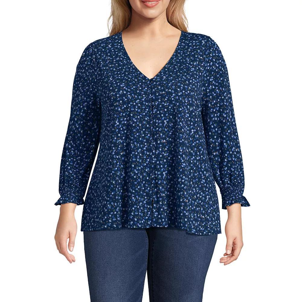 Plus Size Lands End 3/4 Sleeve Lightweight Jersey Button Front Top, Womens Product Image