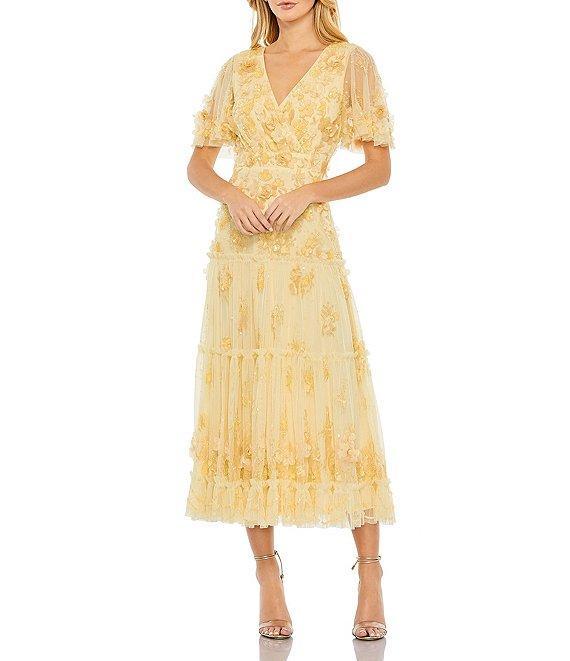 Mac Duggal 3D Floral Embellished Beaded Mesh V-Neck Flutter Sleeve A-Line Dress Product Image