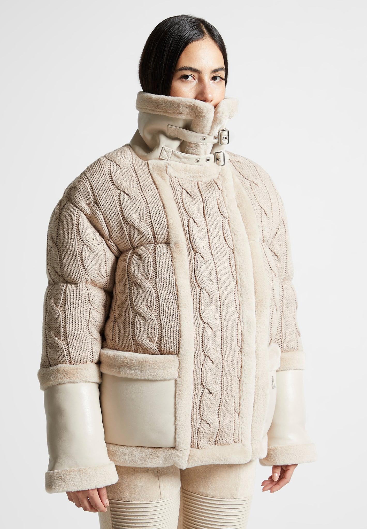 Knit and Plush Puffer Biker Jacket - Beige Female Product Image