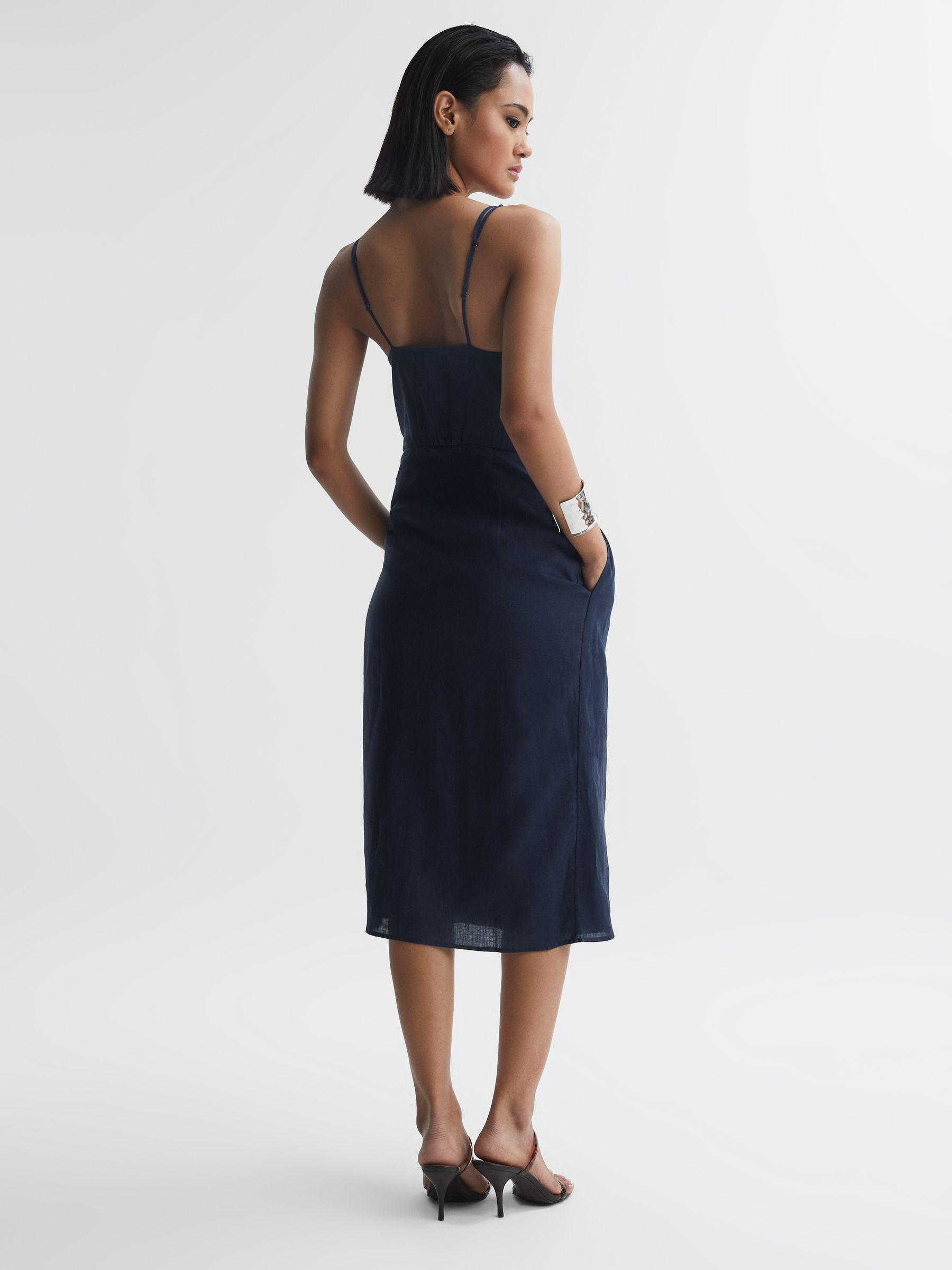 Linen Side Tie Midi Dress in Navy Product Image