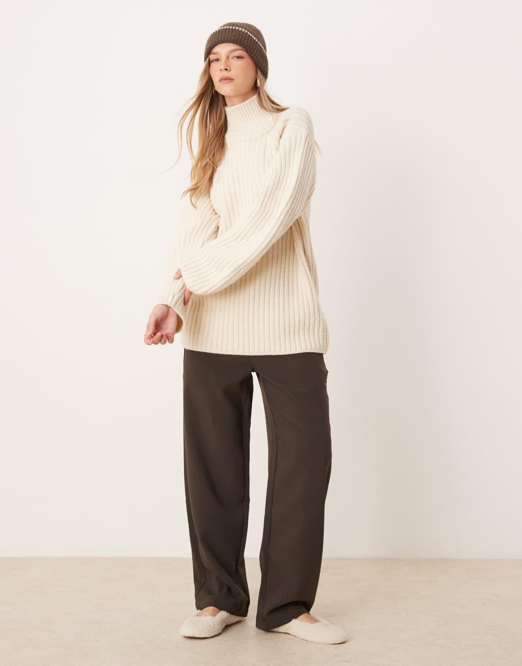 ASOS DESIGN knit funnel neck sweater with structured sleeve in cream Product Image