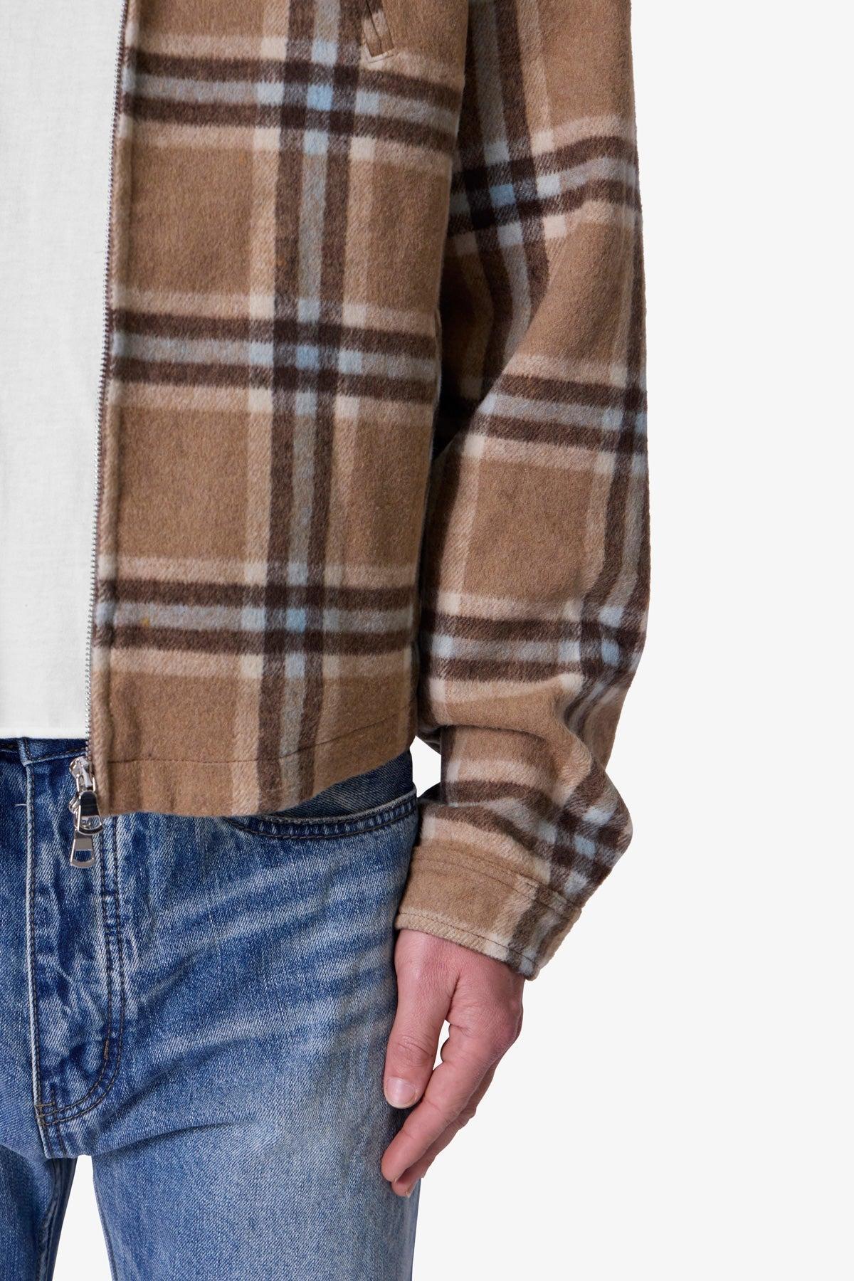 Plaid Flannel Front Zip Jacket - Brown/Cream Product Image