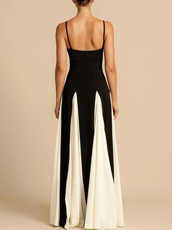 A-Line Sleeveless Contrast Color Pleated Split-Joint Spaghetti-Neck Evening Dresses Maxi Dresses Product Image