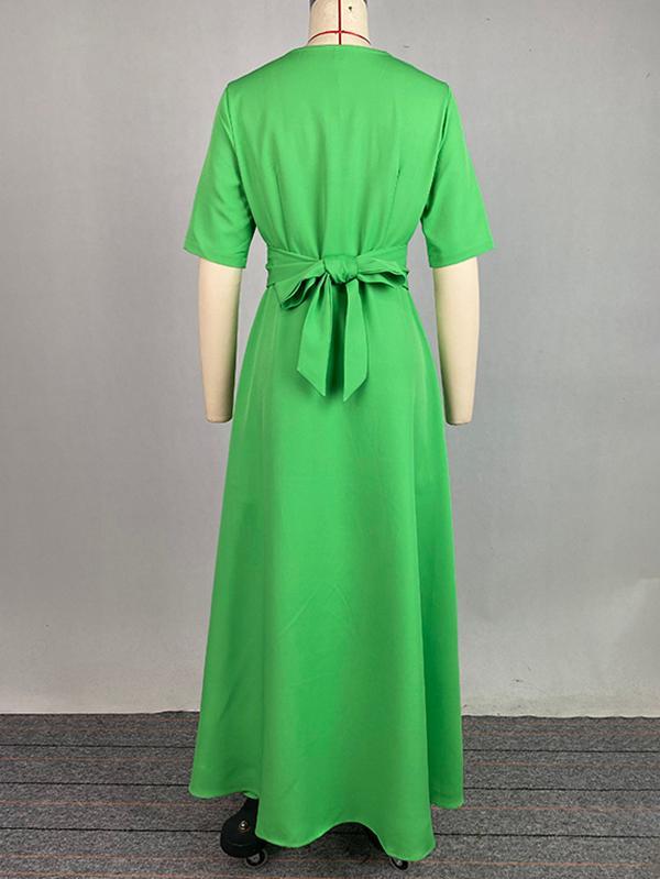 Half Sleeves High Waisted Solid Color Tied Waist V-Neck Maxi Dresses Product Image