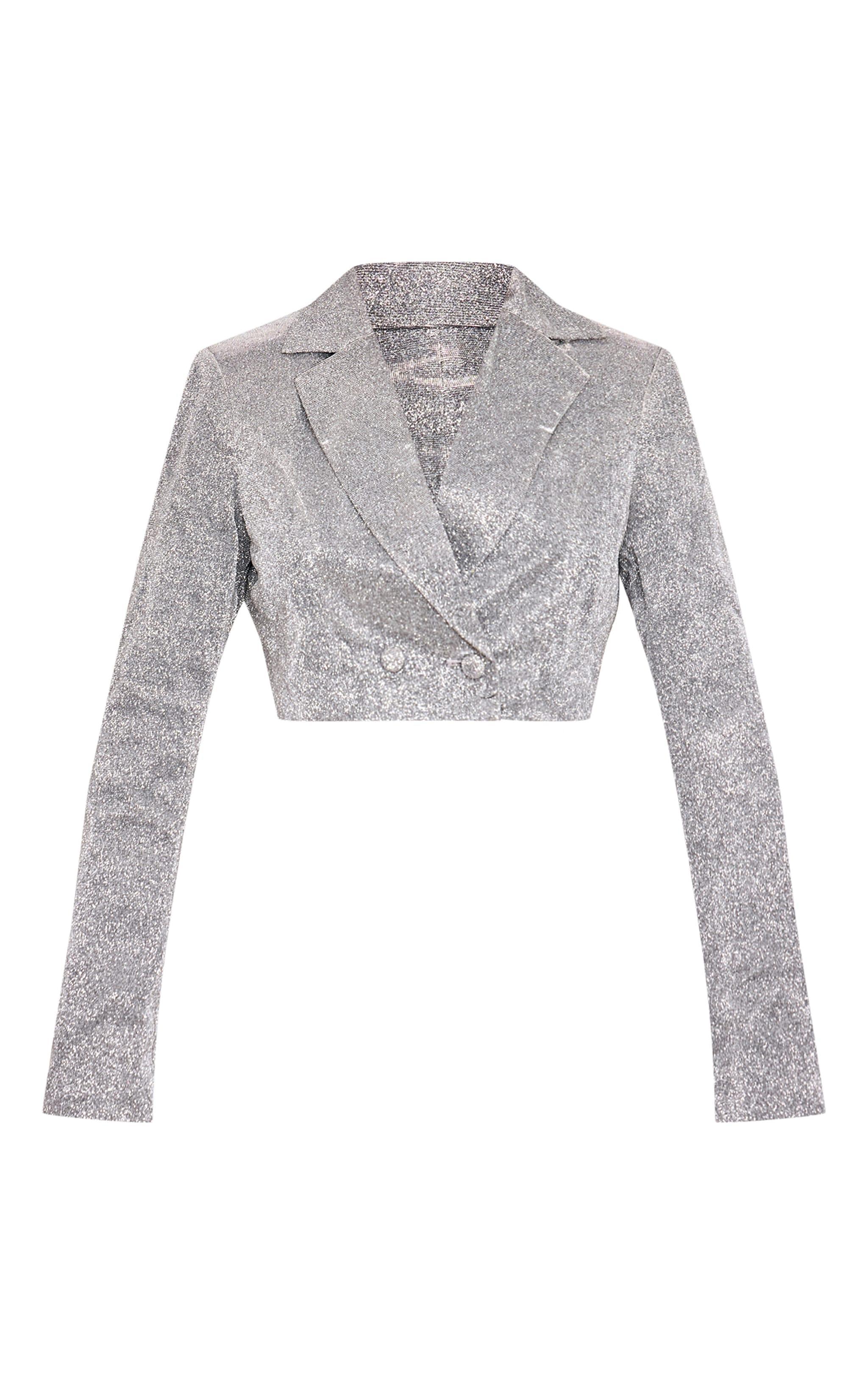 Silver Cropped Glitter Double Breasted Blazer Product Image