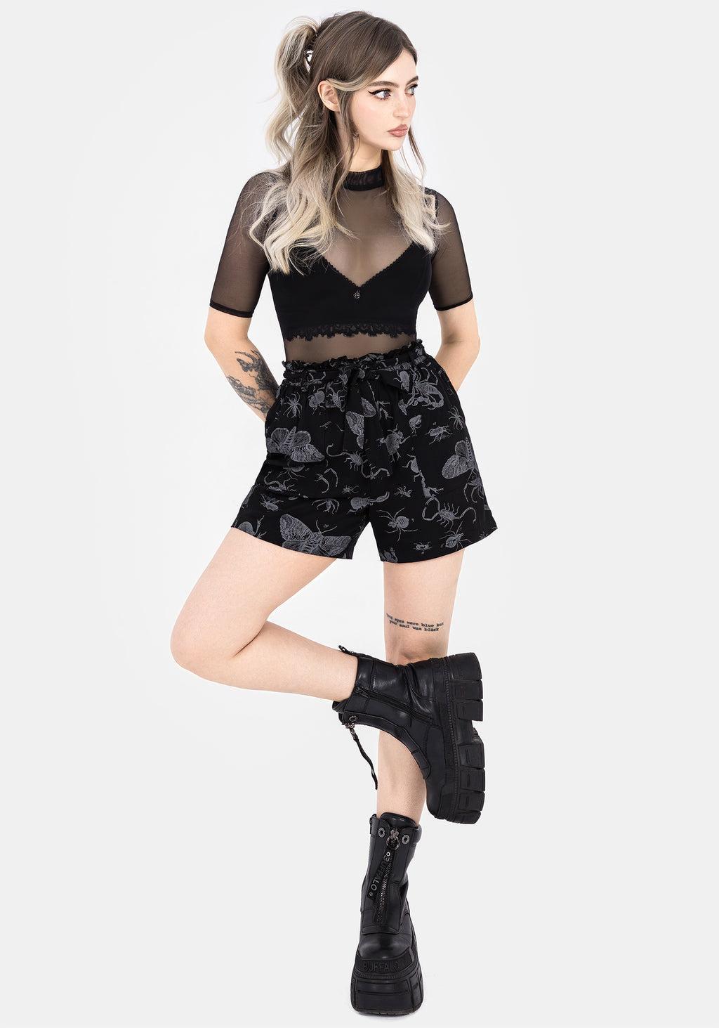 Parasite Bugs Tie Waist Paperbag Shorts - Black Product Image