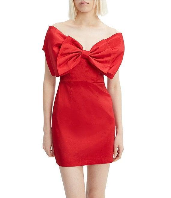 Bardot Off-the-Shoulder Bow Front Satin Mini Dress Product Image