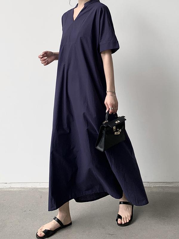 Loose Short Sleeves Solid Color V-Neck Maxi Dresses Product Image
