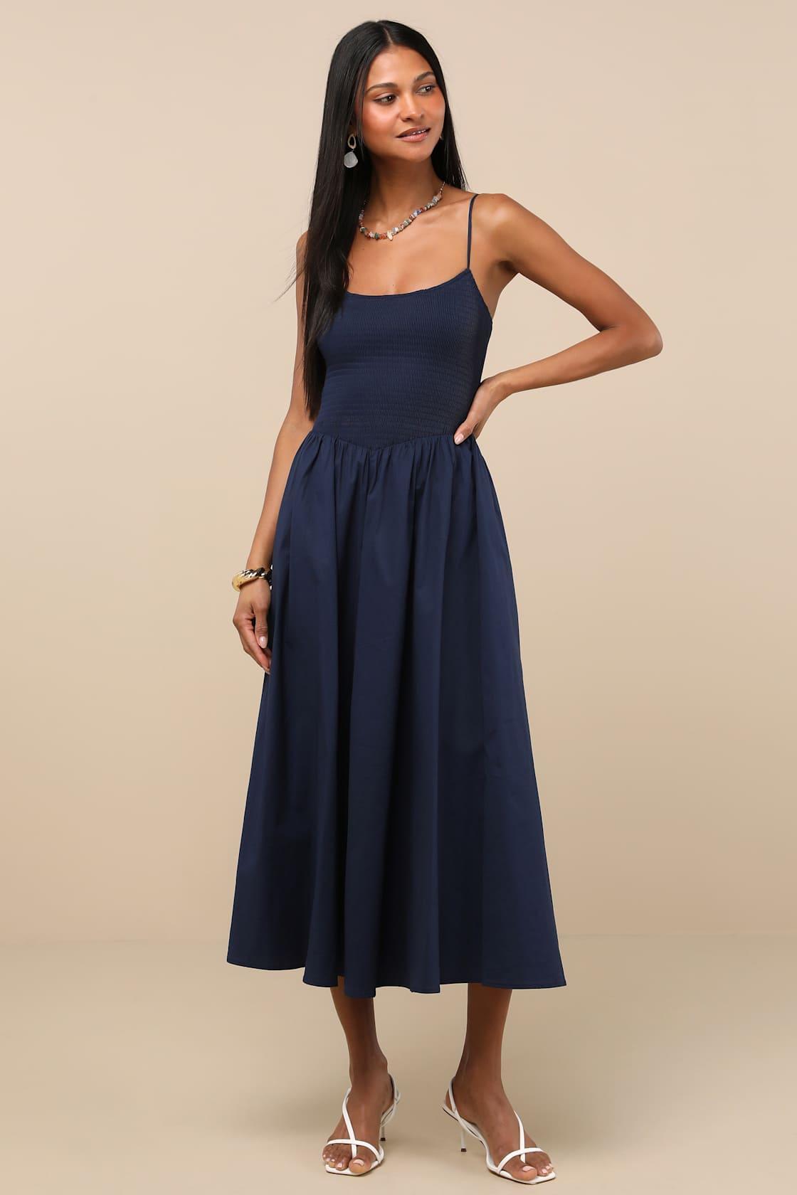 Tandria Navy Smocked Sleeveless Midi Dress Product Image