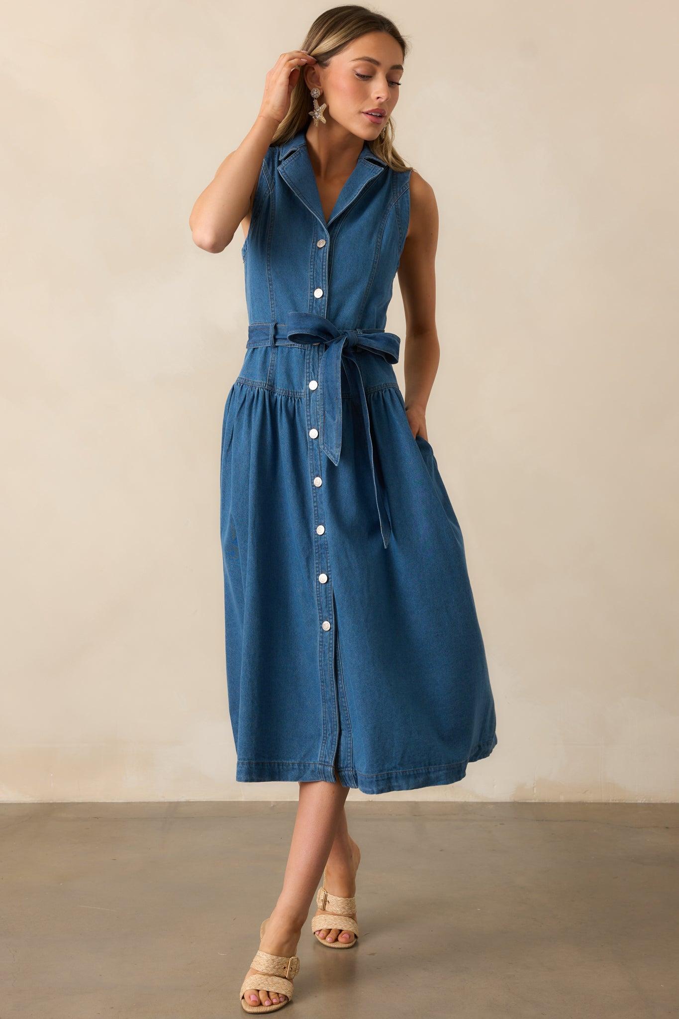 Riverside Sips Blue Denim Button Front Maxi Dress Product Image