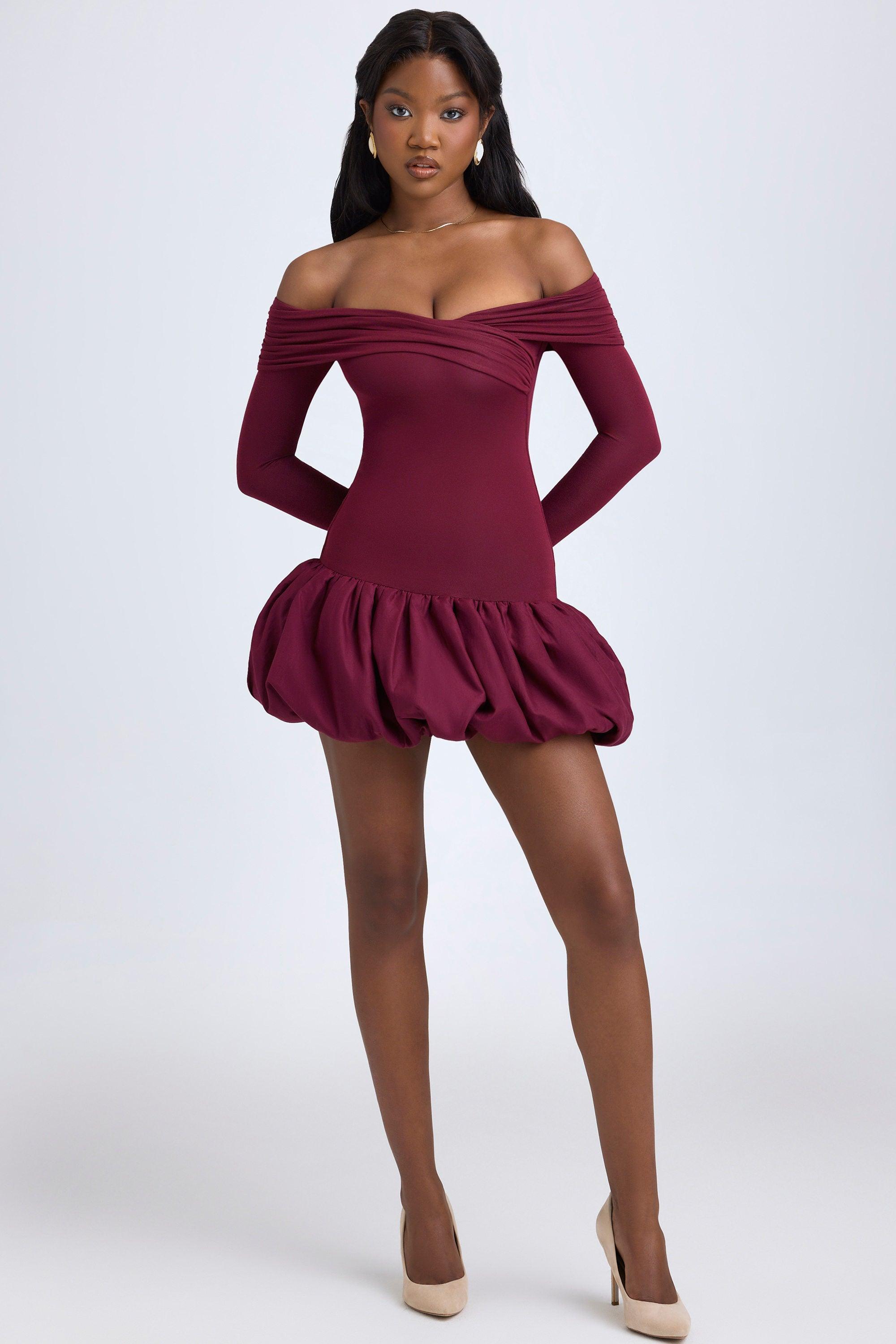 Modal Off-Shoulder Bubble Hem Mini Dress in Wine Red Product Image