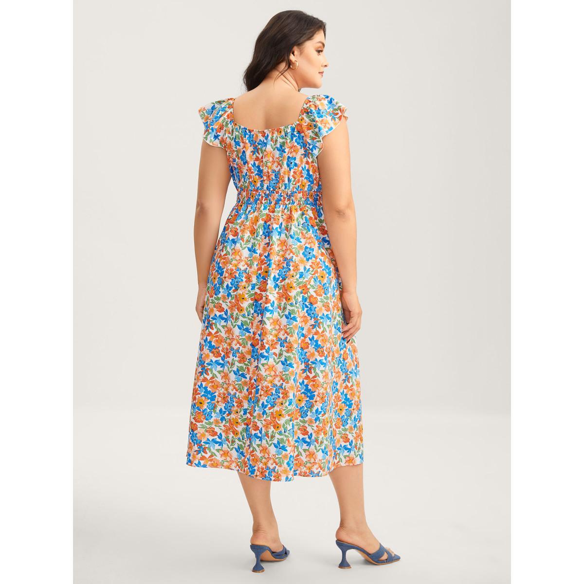 Plus Size Floral Print Stretchy Waist Flutter Midi Dress Multicolor Women V-neck Cap Sleeve Curvy BloomChic 18-20/2X Product Image