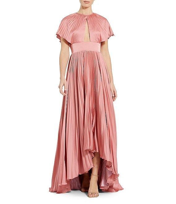 Mac Duggal Pleated Charmeuse Crew Neck Front Cut-Out Short Sleeve High Low Gown Product Image