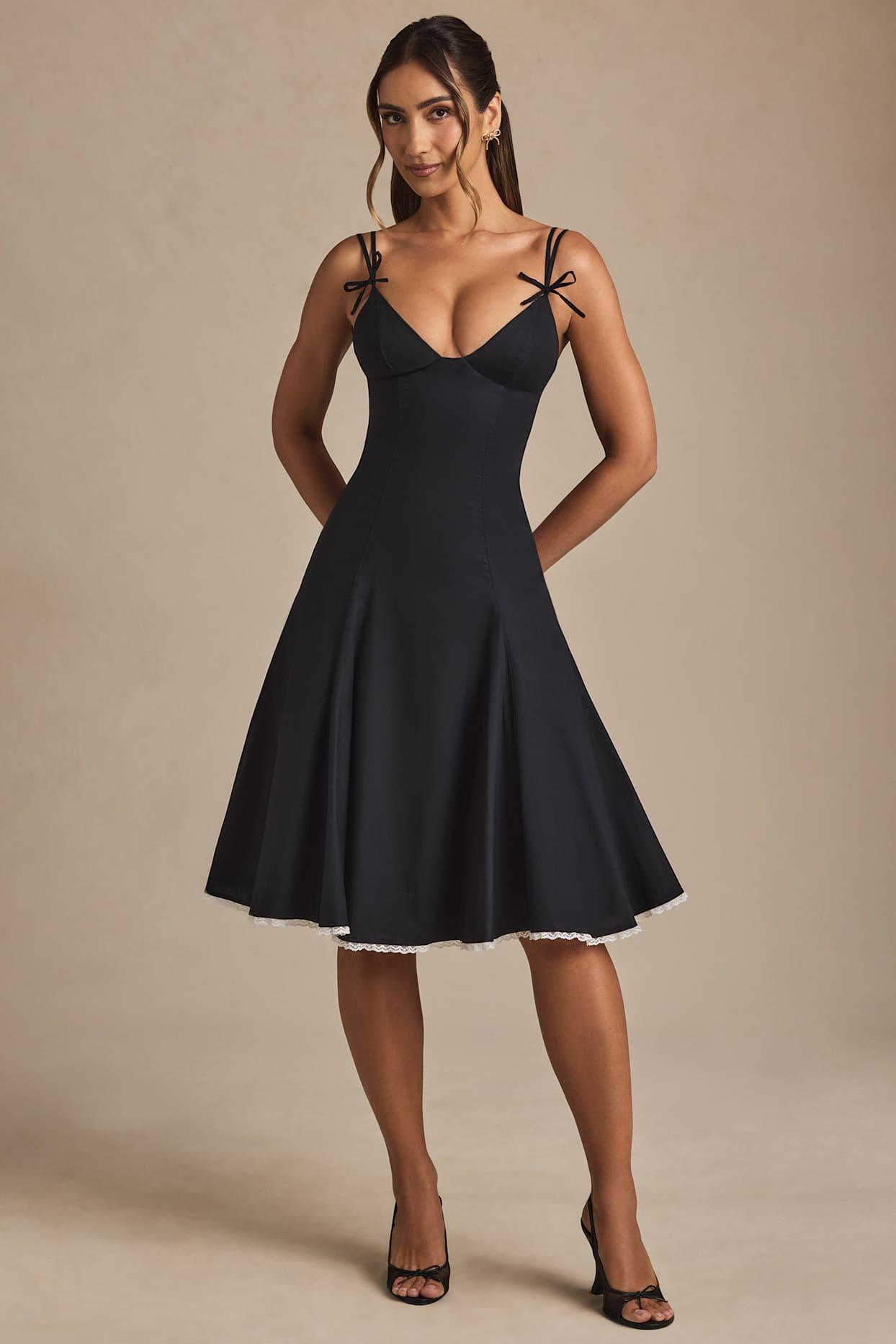 Bow-Detail Lace-Trim A-Line Midi Dress in Black Product Image