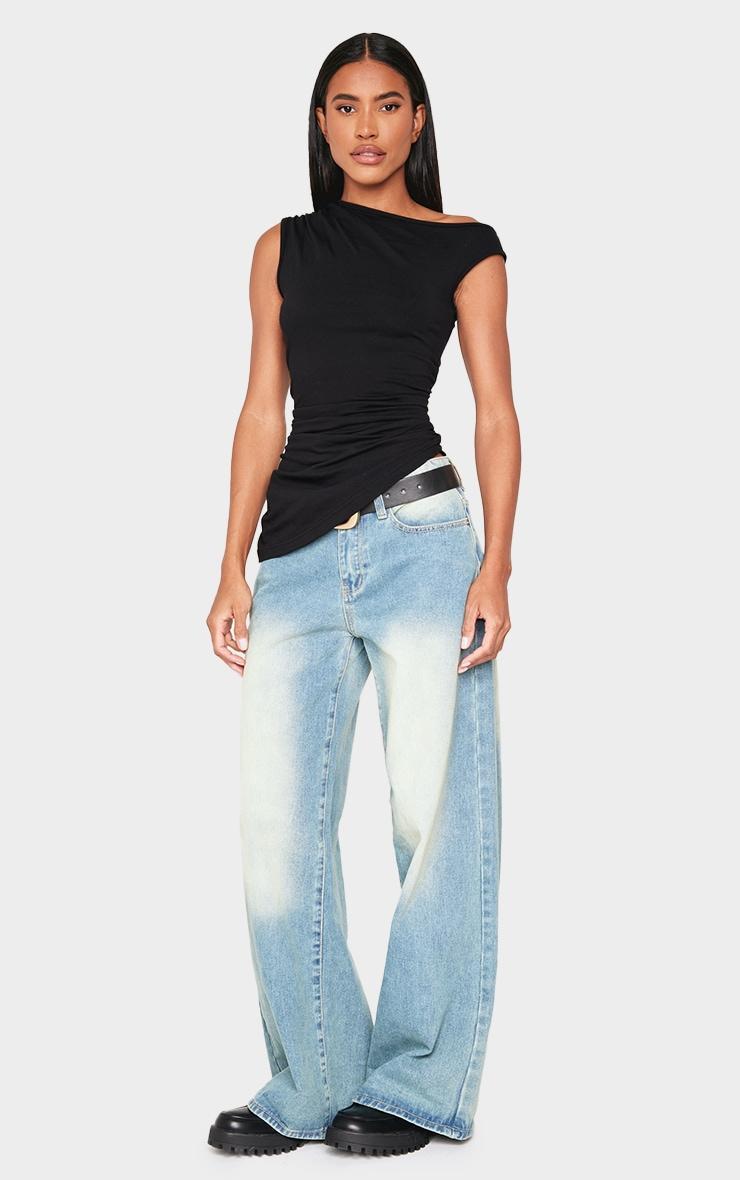 Black Asymmetric Shoulder Ruched Longline Top Product Image