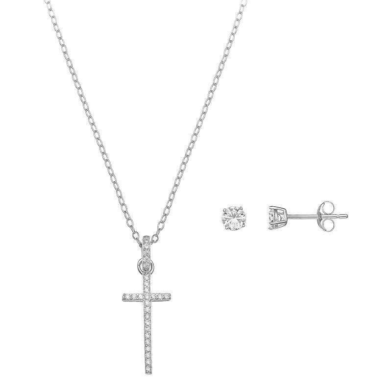 PRIMROSE Sterling Silver Cubic Zirconia Cross & Stud Earring Set, Womens, White Product Image